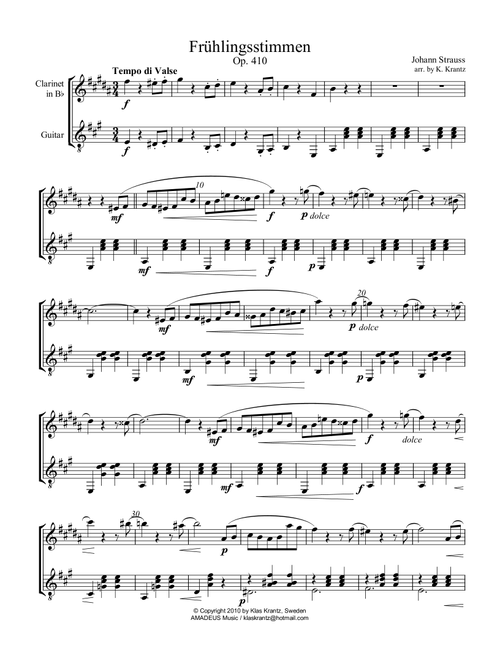 Frühlingsstimmen / Voices of Spring for clarinet in Bb and guitar (Arr. K. Krantz) - J. Strauss (Instrumental Duet)