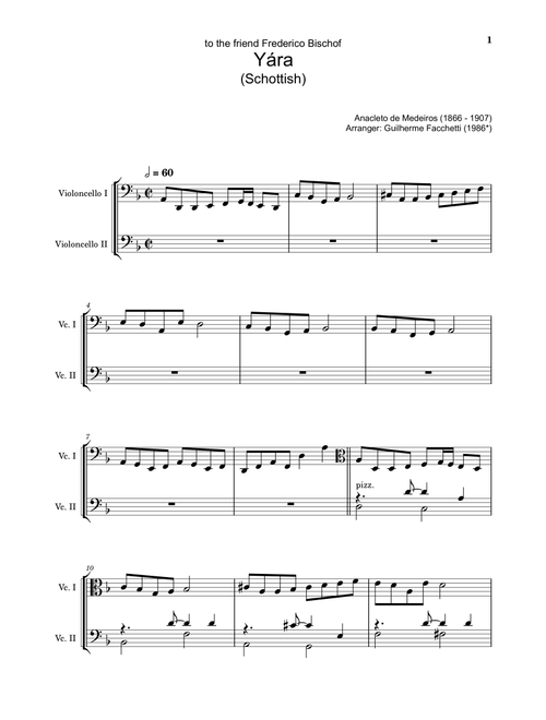 Anacleto de Medeiros - Yára. Arrangement for Cello Duet. Complete Score and Parts (Arr. Guilherme Facchetti) (Cello Duet)
