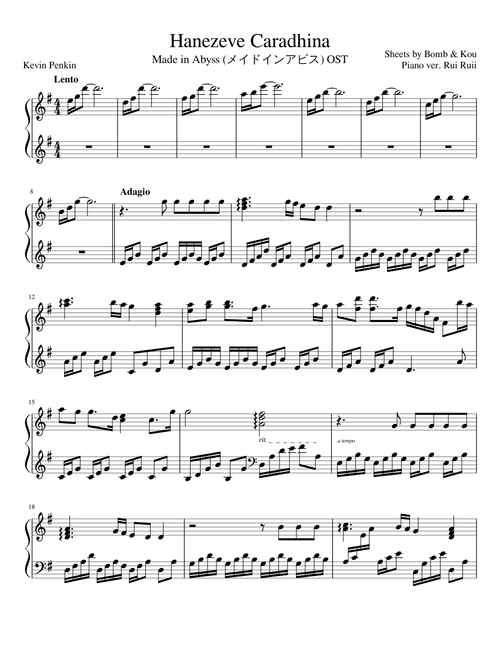 Hanezeve Caradhina | Made in Abyss OST| Rui Ruii the Seal Pianist | Full Sheets
