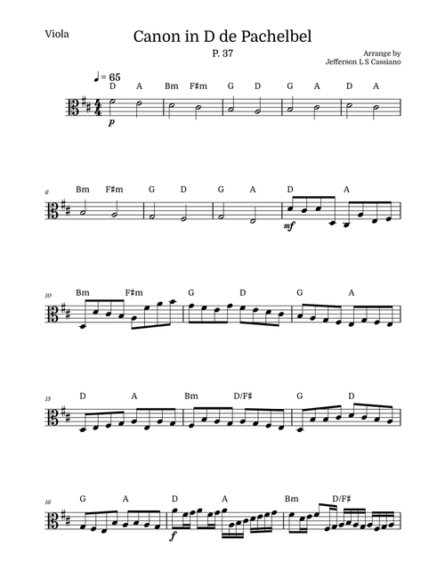 Canon in D – Viola with Chords (Easy / Intermediate) – Johann Pachelbel (Arr. Jefferson LS Cassiano) (Viola and Piano)