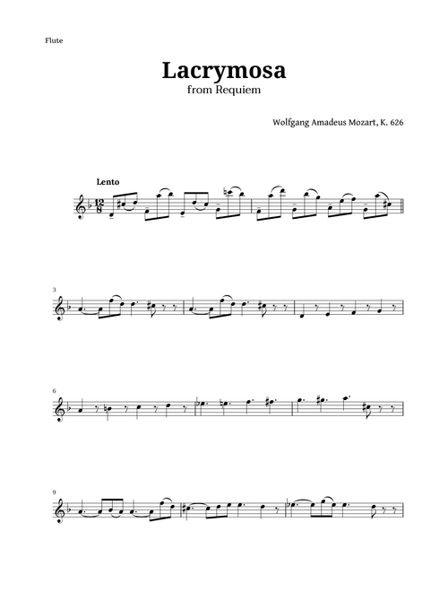 Lacrymosa from Requiem by Mozart for Flute (Arr. Langanho) (Flute Solo)