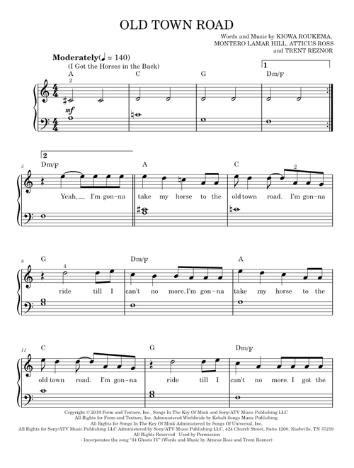 Old Town Road (I Got The Horses In The Back) - Lil Nas X, Lil Nas X feat. Billy Ray Cyrus (Easy Piano)