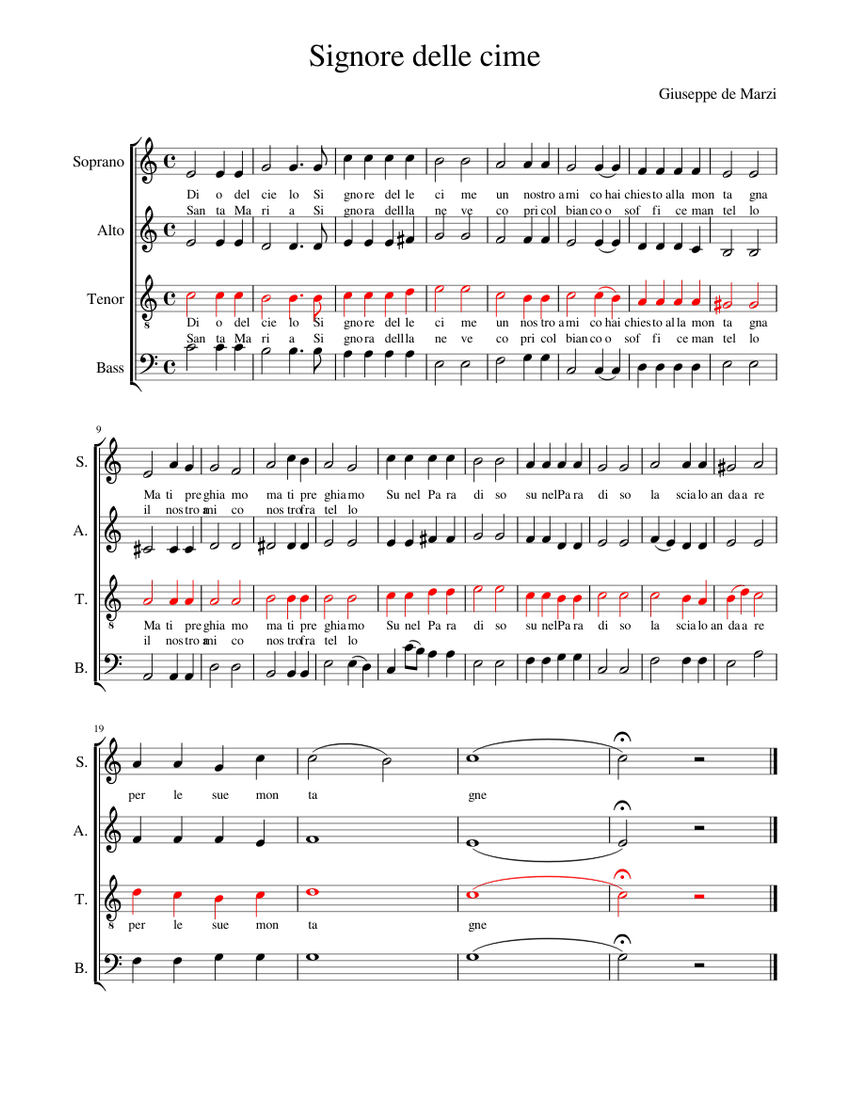 Signore Delle Cime Sheet Music For Soprano Alto Tenor Bass Voice