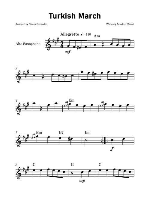 Turkish March by Mozart - Alto Saxophone Solo with Chord Notations (Arr. Glauco Fernandes) - Wolfgang Amadeus Mozart (Alto Sax Solo)