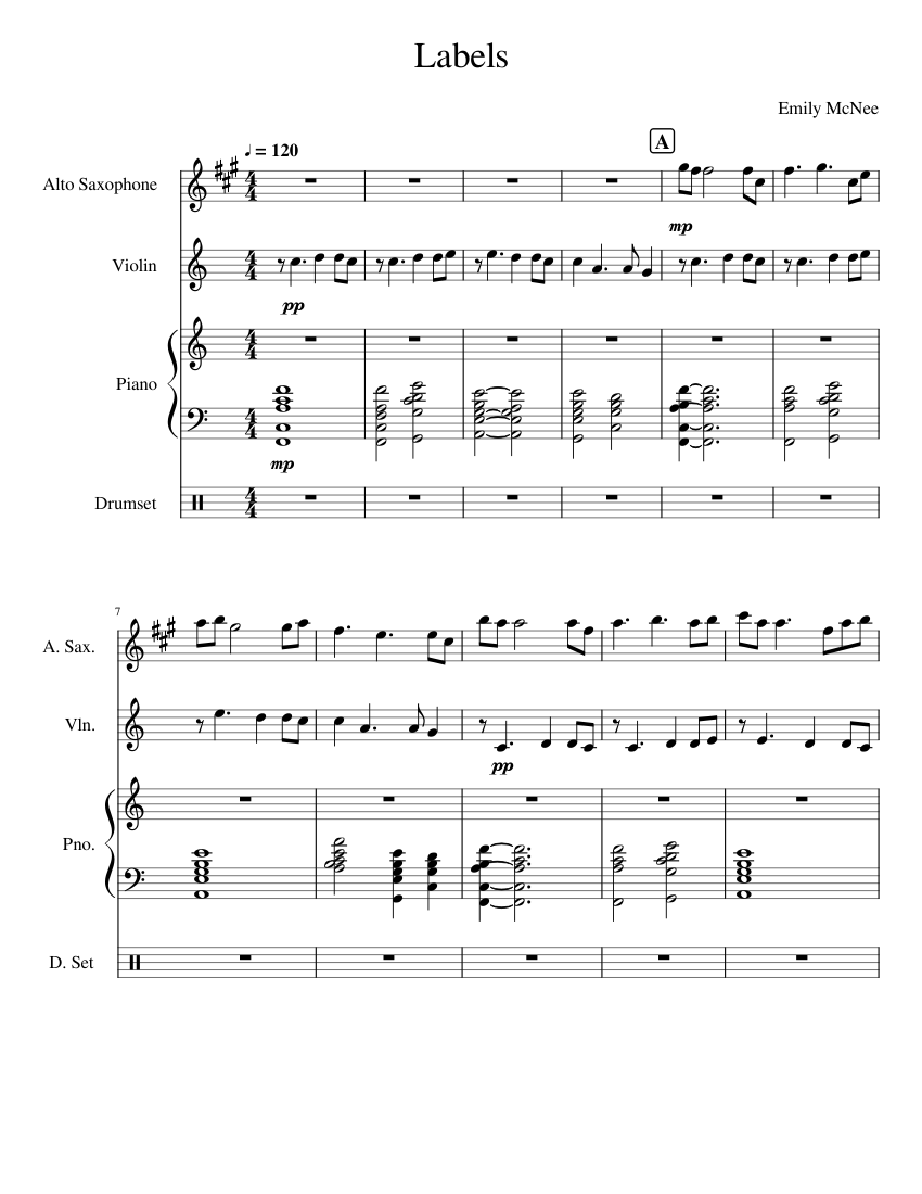 Labels Sheet Music for Piano, Saxophone alto, Violin, Drum group (Mixed ...