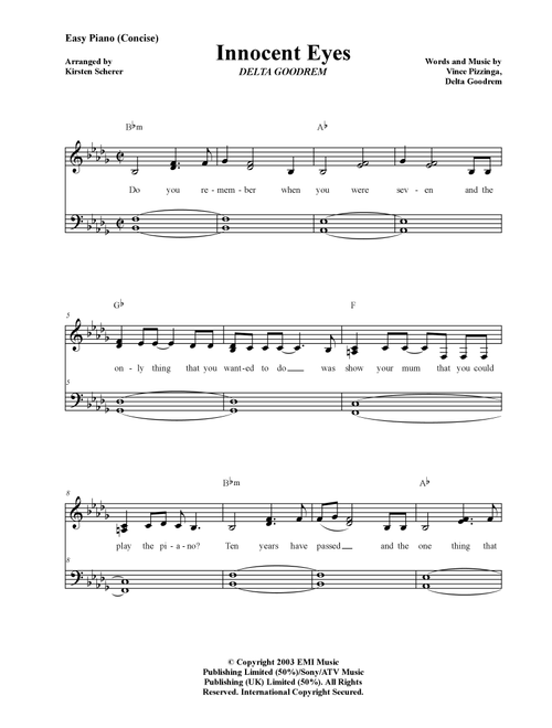 Innocent Eyes (Arr. Kirsten Scherer) - Delta Goodrem (Easy Piano)