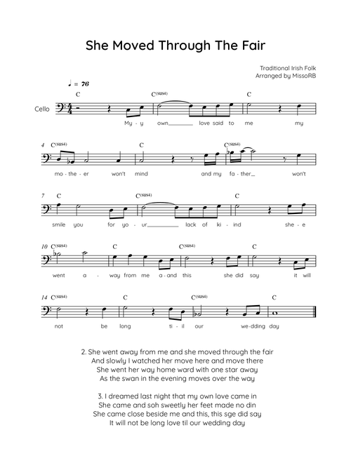 She Moved Through the Fair - Cello in C with Chords and Lyrics - Easy (Arr. MissoRB) - Traditional Irish Folk Song (Cello Solo)