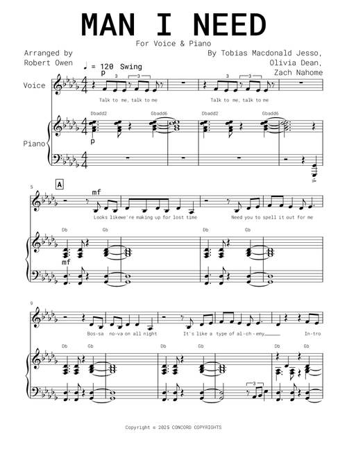 Man I Need (Arr. Robert Owen) - Olivia Dean (Piano-Vocal-Guitar (Piano Accompaniment))