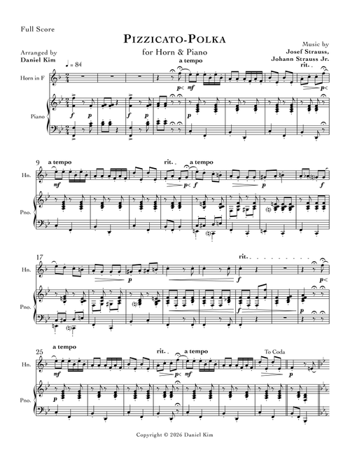 Pizzicato-Polka (Horn & Piano) (Arr. Daniel Kim) - Johann Strauss Jr, Josef Strauss (French Horn and Piano)
