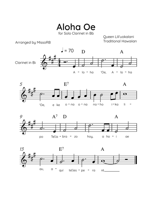 Aloha Oe - Solo Clarinet in Bb in G Major Easy With Lyrics & Chords (Arr. MissoRB) - Queen Liliʻuokalani (Clarinet Solo)