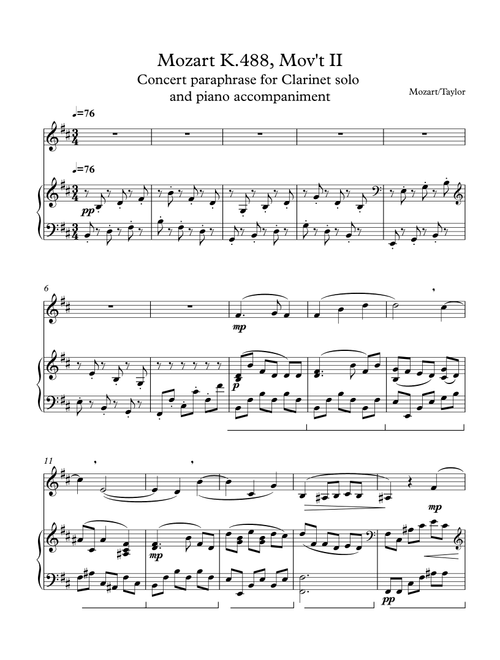 Mozart/B-flat Clarinet concert paraphrase of Mozart k.488, Mov't 2 (Arr. Paul Taylor) (Clarinet and Piano)