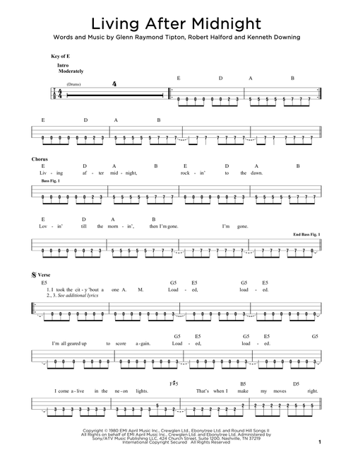 Living After Midnight - Judas Priest (Easy Bass Tab)