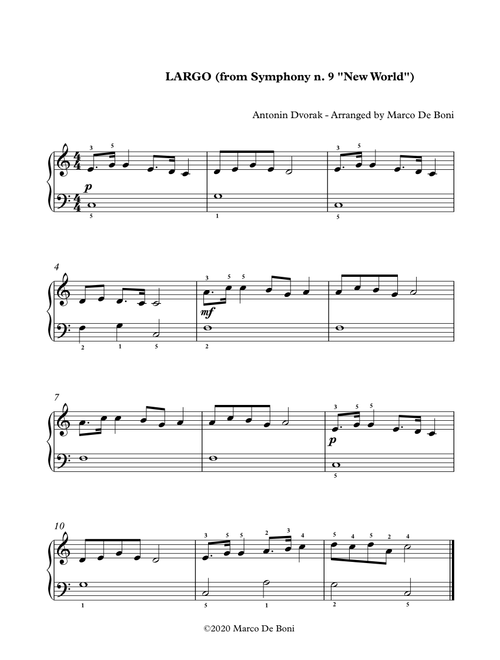 Largo from the New World Symphony (n. 9 ) by Antonin Dvorak for beginner piano (Arr. Marco De Boni) (Easy Piano)