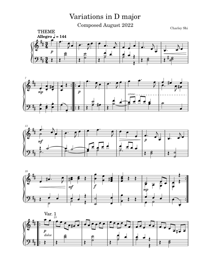 Theme and Variations in D major Sheet music for Piano (Solo ...