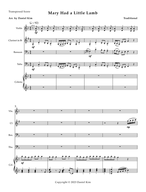 Mary Had a Little Lamb (Arr. Daniel Kim) - Traditional (Small Ensemble)