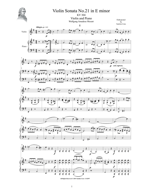 Mozart - Violin Sonata No.21 in E minor K 304 for Violin and Piano - Score and Part (Arr. Santino Cara) - Wolfgang Amadeus Mozart (Violin and Piano)