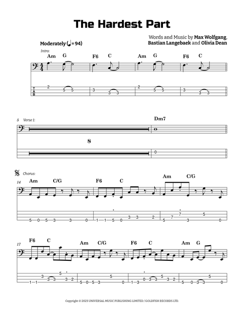 Hardest Part (Arr. Guilherme Correa) - Olivia Dean (Bass Tab)