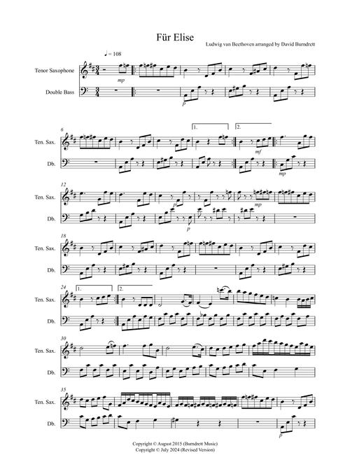 Fur Elise for Tenor Saxophone and Double Bass Duet (Arr. David Burndrett) - Ludwig van Beethoven (Instrumental Duet)