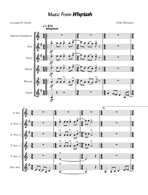 Whiplash Medley for Saxophone Ensemble (WIP)