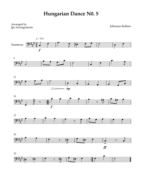 Hungarian Dance No. 5 for Trombone - key of F#m (Arr. Jps Arrangements) - Johannes Brahms (Trombone Solo)