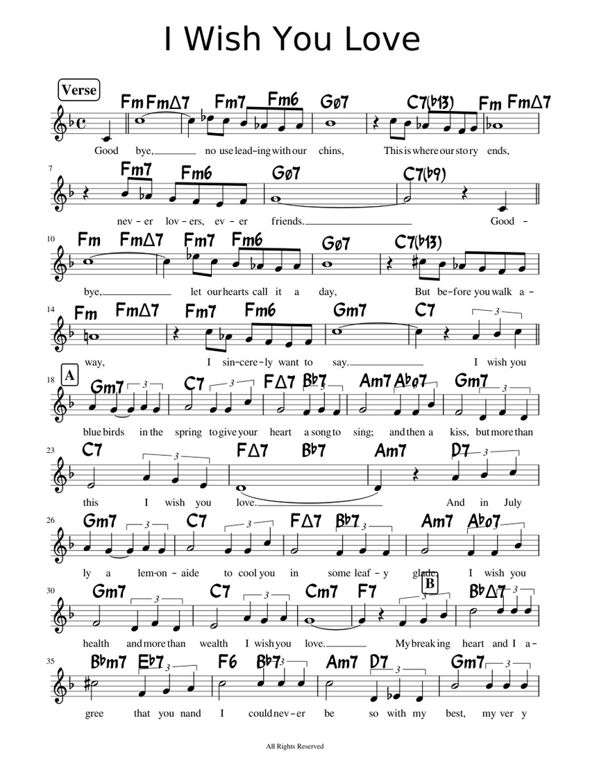 I Wish You Love Sheet Music with Chords for Piano (Solo) easy