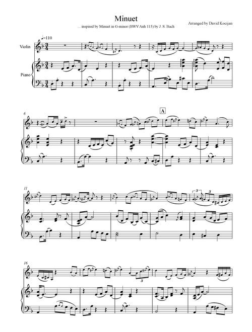 Minuet in G-minor, BWV Anh 115 (violin & piano) (Arr. David Kocijan) (Violin and Piano)