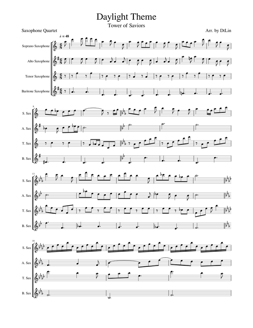 Daylight Theme(Tower of Saviors) - Saxophone Quartet Sheet