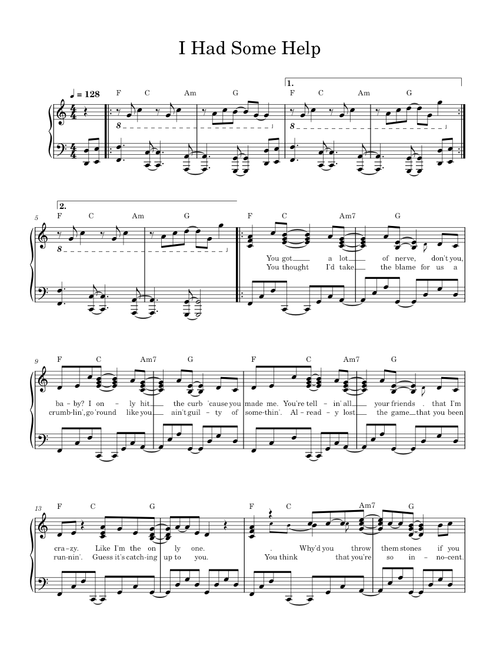 I Had Some Help – Post Malone (Feat. Morgan Wallen) sheet music arranged by Cody Walton for Solo