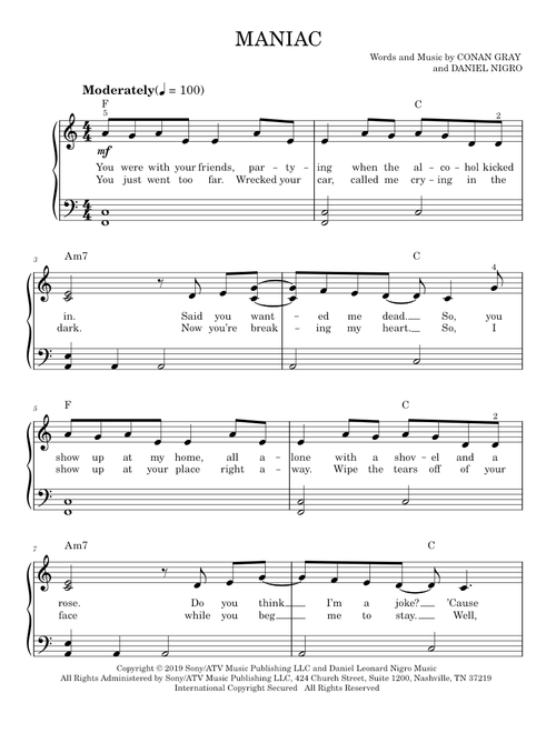 Maniac - Conan Gray (Easy Piano)