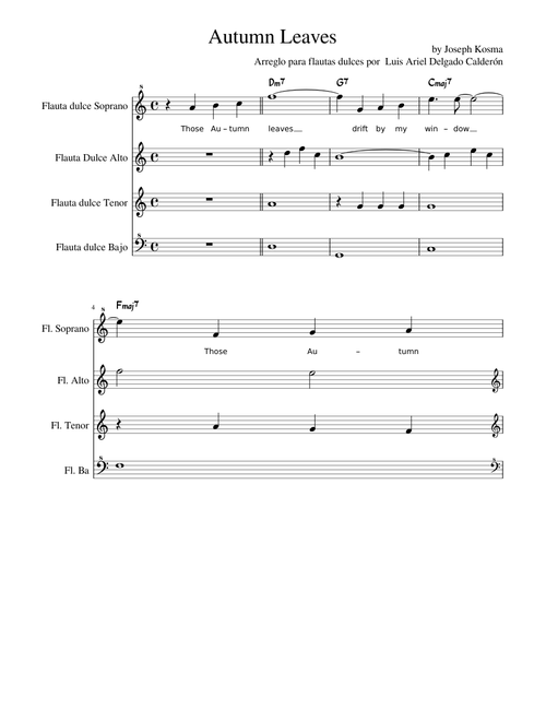 Autumn Leaves for recorder quartet