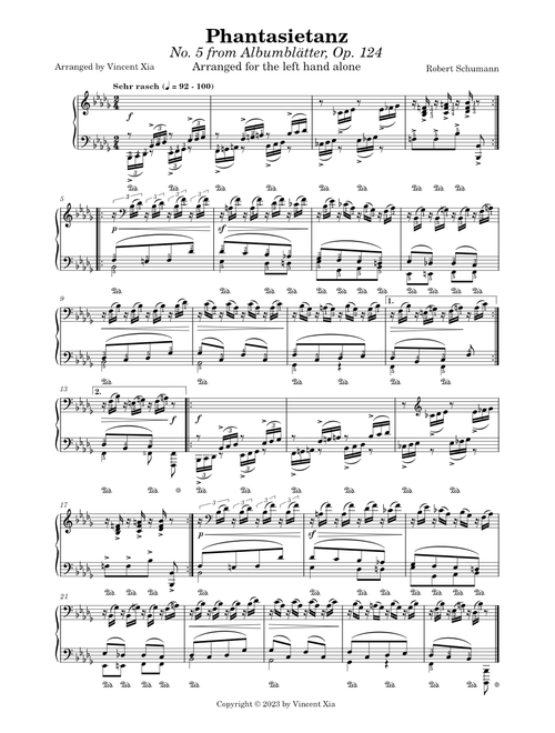 Schumann-Xia - Phantasietanz (No. 5 from Albumblätter, Op. 124) arranged for the left hand alone