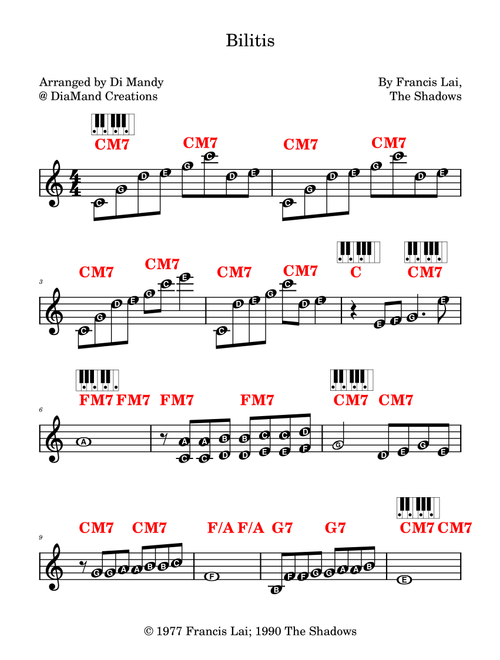 Bilitis (Arr. Dianne Mandy) - The Shadows (Lead Sheet - Fake Book)