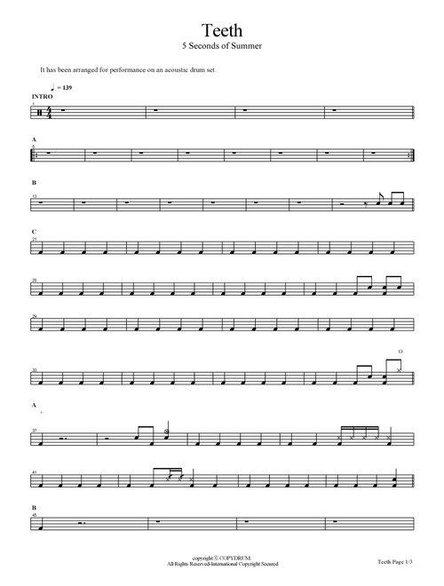 Teeth (Arr. COPYDRUM) - 5 Seconds Of Summer (Drums)