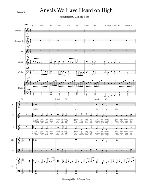Angels We Have Heard on High SSA, Cello and Violin with piano (Arr. Connie Boss) - Unknown (Piano-Vocal-Guitar (Piano Accompaniment))