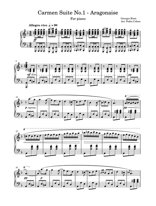 Carmen Suite No.1 - Aragonaise (Arr. for piano) (Arr. Pedro Cohen) - Georges Bizet, E. Guiraud (Piano Solo)