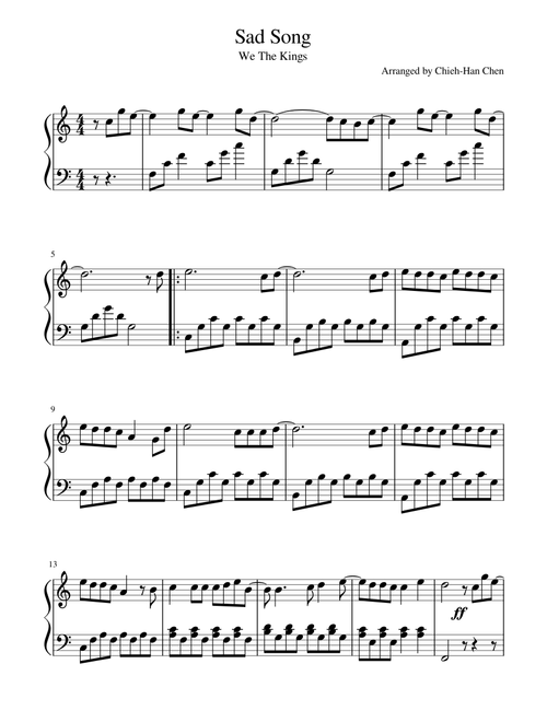 Sad Song We The Kings (easy piano, C Major)