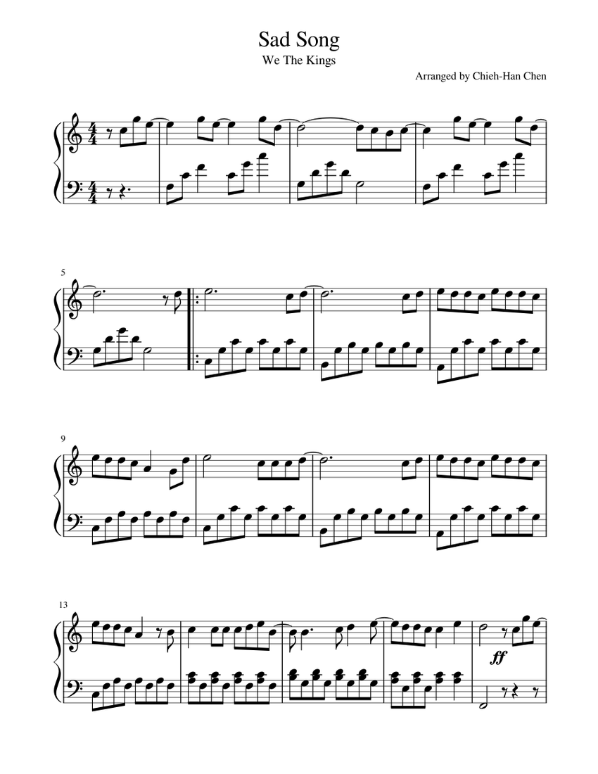 Sad Song We The Kings easy piano C Major Sheet music for Piano Solo Musescore