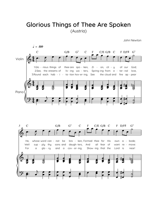 Glorious Things of Thee Are Spoken (Austria) - Violin with Piano in C Easy with Chords and Lyrics (Arr. MissoRB) - John Newton (Violin and Piano)