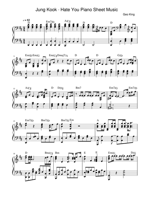 Hate You (Arr. Gregory King) - Jung Kook (Easy Piano)