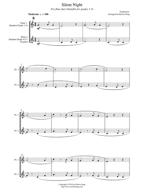 Silent Night (for flute duet, suitable for grades 1-5) (Arr. Edwin Sung) - Traditional (Flute Solo)