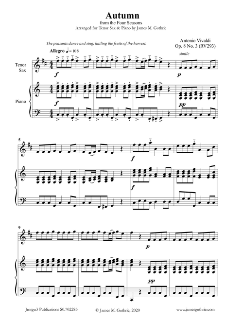 Vivaldi: Autumn from the Four Seasons for Tenor Sax & Piano (Arr. James M. Guthrie, ASCAP) - Antonio Vivaldi (Tenor Sax and Piano)