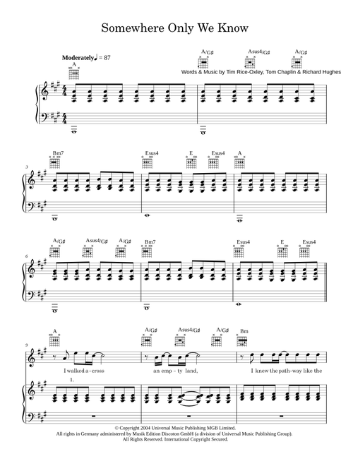 Somewhere Only We Know - Keane (Piano-Vocal-Guitar (Piano Accompaniment))