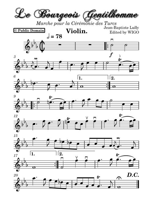 Le bourgeois Gentilhomme, LWV 43 – J.B. Lully -Marche pour la Cérémonie des Turcs/ Violin Part/ Orchestra Acc.
