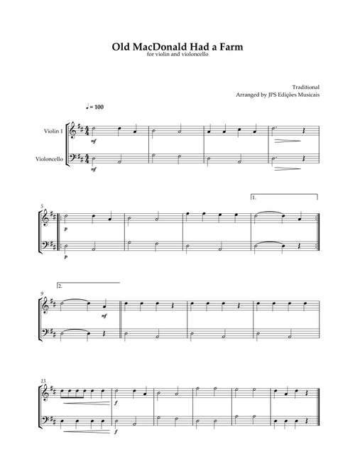 Old MacDonald Had A Farm - Violin and Cello Duet - Easy in D Major (Arr. JPS Edições Musicais) - Thomas D'Urfey (Instrumental Duet)