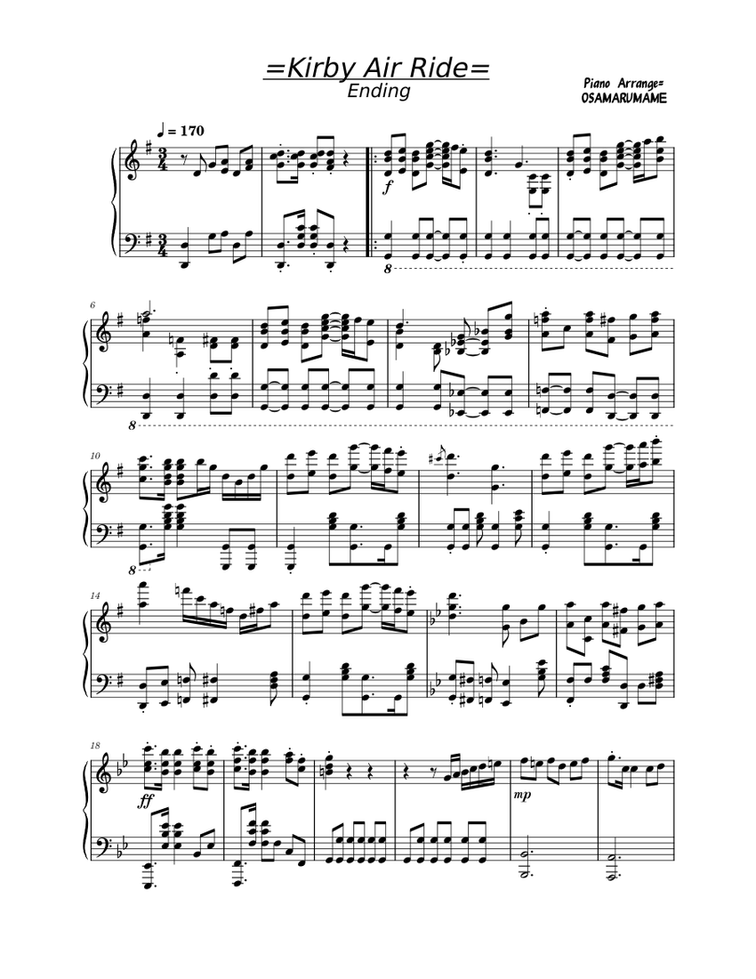 Kirby Air Ride ED Sheet Music For Piano Solo