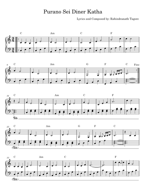 Purano Sei Diner Katha Rabindra Sangeet Piano Solo Version Staff Notation By Arup Paul - Rabindranat