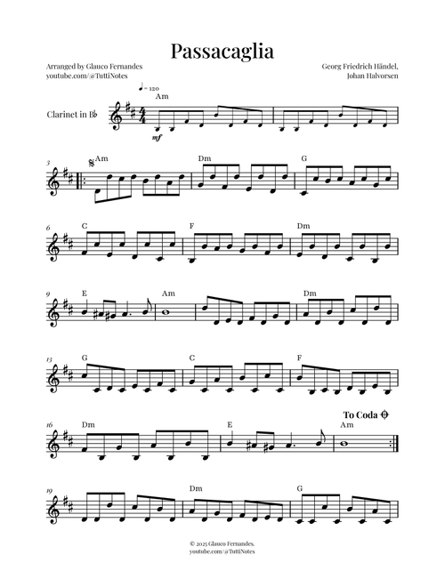 Passacaglia by Handel/Halvorsen (Arr. Glauco Fernandes) - Georg Friedrich Händel, Johan Halvorsen (Clarinet Solo)