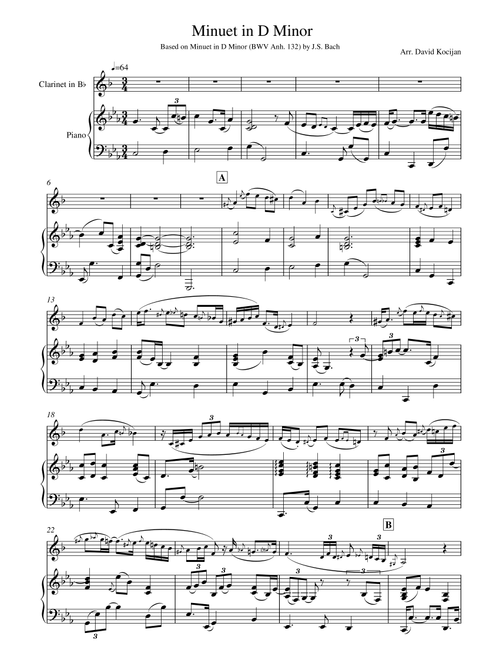 Bach - Minuet in D Minor, BWV Anh. 132 (clarient & piano) (Arr. David Kocijan) - J.S. Bach (Clarinet and Piano)