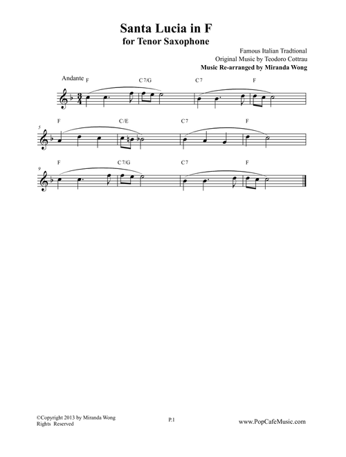 Santa Lucia in F - Tenor or Soprano Saxophone Solo (Arr. Miranda Wong) - Teodoro Cottrau (Small Ensemble)