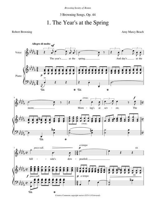 Beach Amy Marcy - 3 Browning Songs Op.44 No 1 - The Years at the Spring
